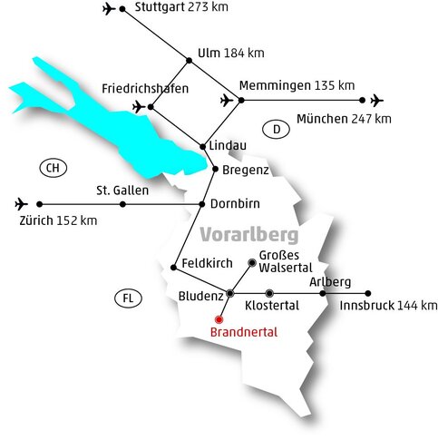 Entfernungen ins Brandnertal. Karte: Alpenregion Bludenz Tourismus Entfernungskarte Vorarlberg und Brandnertal
