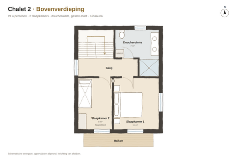 Bovenverdieping Plattegrond van Chalet 2, Bovenverdieping